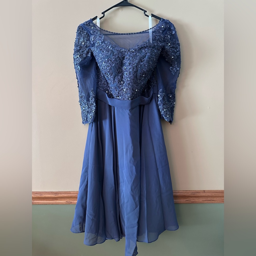 JJs House Blue Long Sleeve Beaded A-Line Dress mother of bride dress